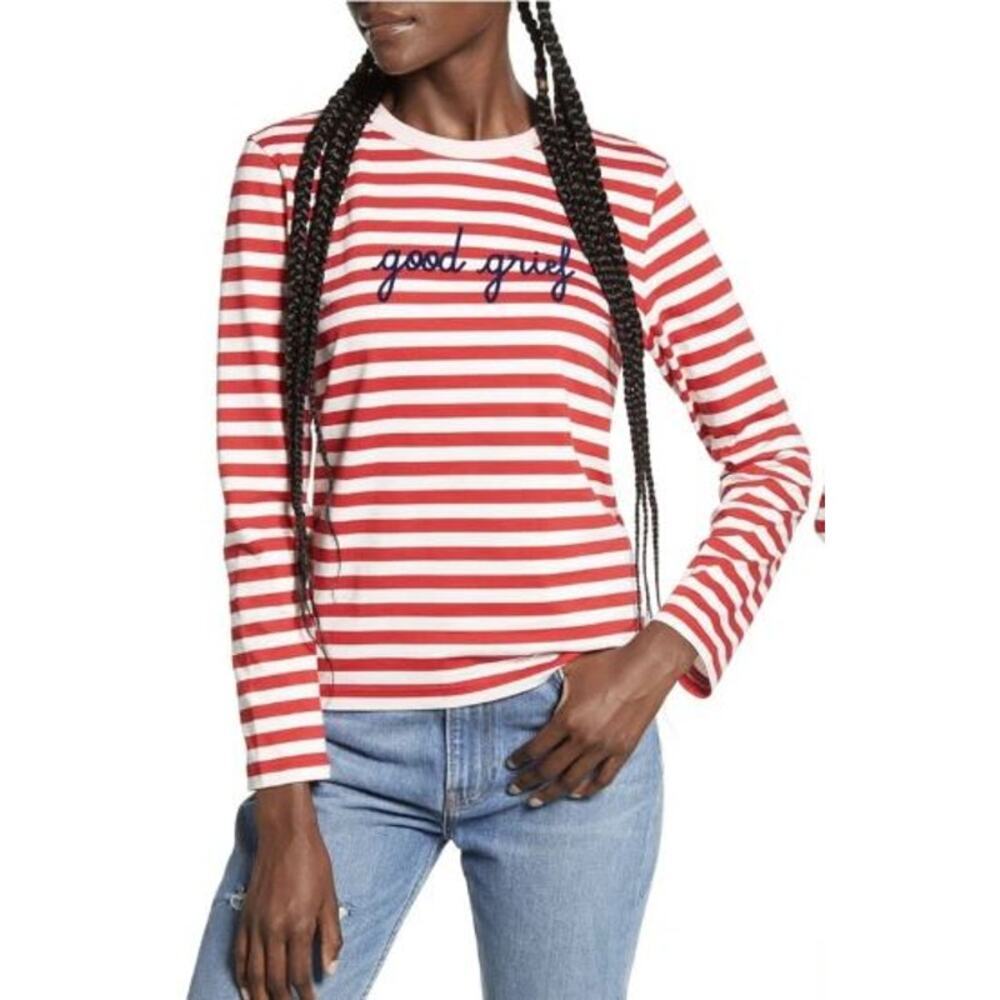 Maison Labiche Paris Womens Xs Peanuts Good Grief Striped Tee T-Shirt Red White